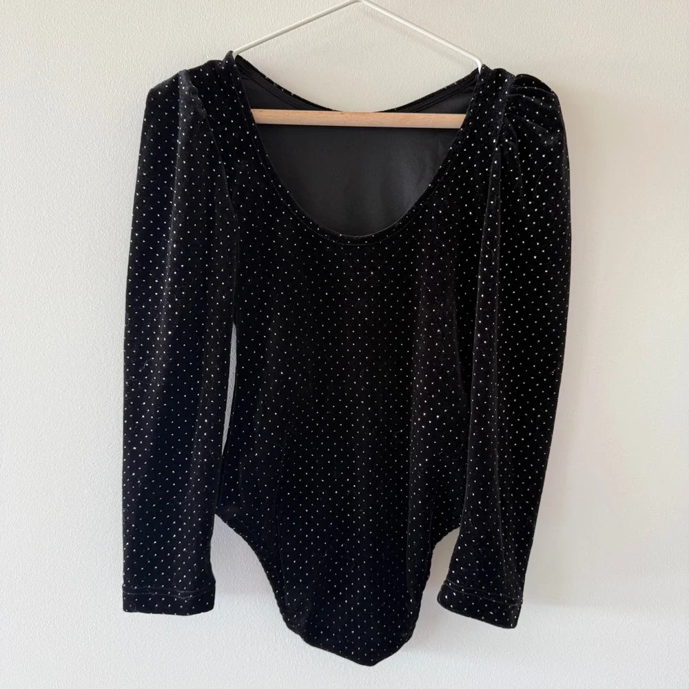 Zara Girls Black Velvet Sparkle Puff Sleeve Bodysuit | Size 6 Holiday Party